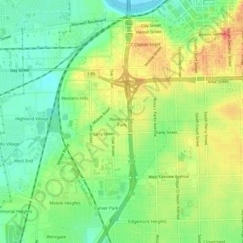 Mappa topografica Washington Park, altitudine, rilievo