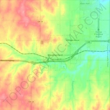 Mappa topografica Weatherford, altitudine, rilievo