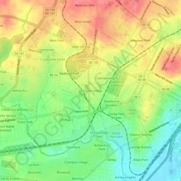 Mappa topografica Lancaster Village, altitudine, rilievo