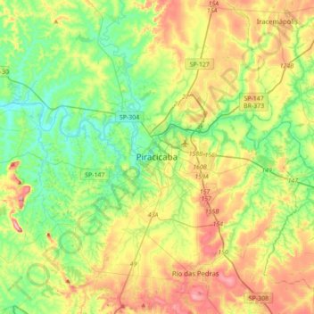 Mappa topografica Piracicaba, altitudine, rilievo