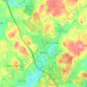 Mappa topografica Derry, altitudine, rilievo