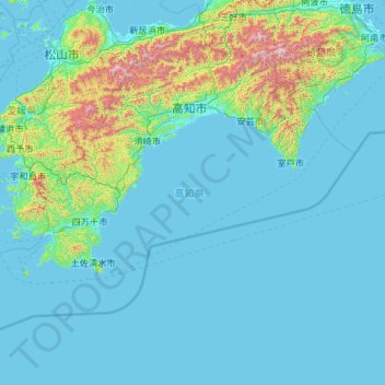 Mappa topografica 四国地方, altitudine, rilievo
