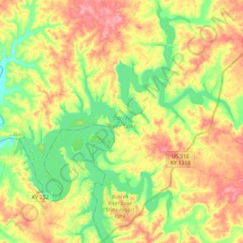 Mappa topografica Barren River Lake, altitudine, rilievo