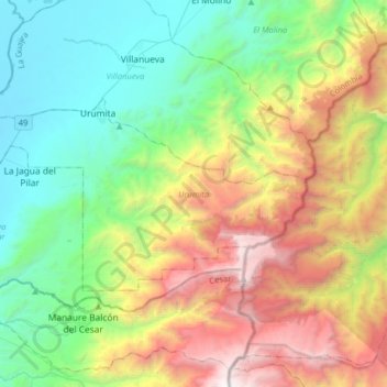 Mappa topografica Urumita, altitudine, rilievo