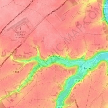 Mappa topografica Guillerval, altitudine, rilievo