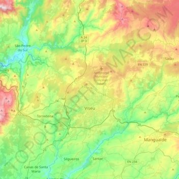 Mappa topografica Viseu, altitudine, rilievo