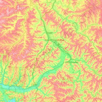 Mappa topografica Tuscarawas County, altitudine, rilievo