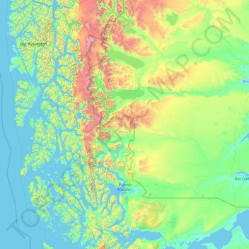 Mappa topografica Natales, altitudine, rilievo