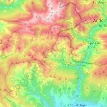 Mappa topografica les Valls de Valira, altitudine, rilievo