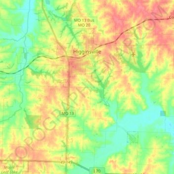 Mappa topografica Higginsville, altitudine, rilievo