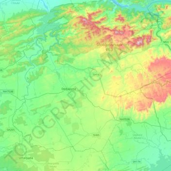 Mappa topografica Dediapada Taluka, altitudine, rilievo