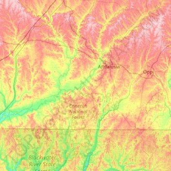 Mappa topografica Conecuh National Forest, altitudine, rilievo
