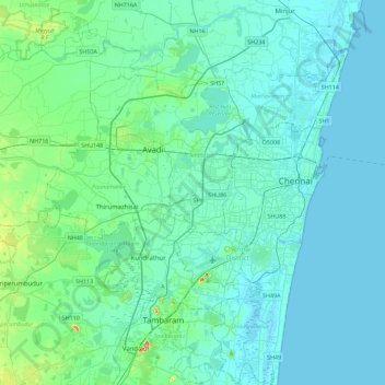 Mappa topografica Chennai metropolitan area, altitudine, rilievo