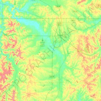 Mappa topografica Alcorn County, altitudine, rilievo