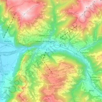 Mappa topografica Grüsch, altitudine, rilievo