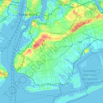 Mappa topografica Brooklyn, altitudine, rilievo