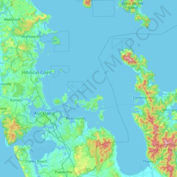 Mappa topografica Hauraki Gulf, altitudine, rilievo