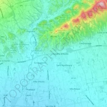 Mappa topografica Asolo, altitudine, rilievo