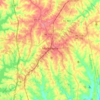 Mappa topografica Mooresville, altitudine, rilievo
