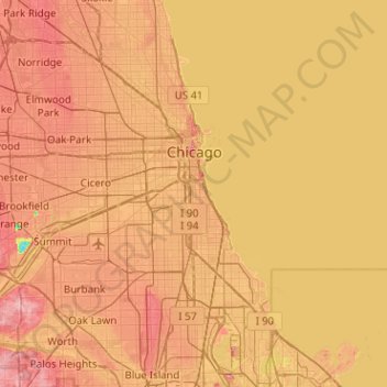 Mappa topografica Chicago, altitudine, rilievo