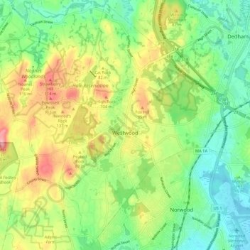 Mappa topografica Westwood, altitudine, rilievo