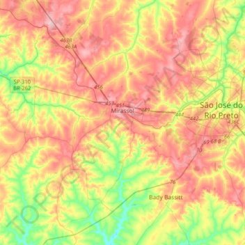 Mappa topografica Mirassol, altitudine, rilievo