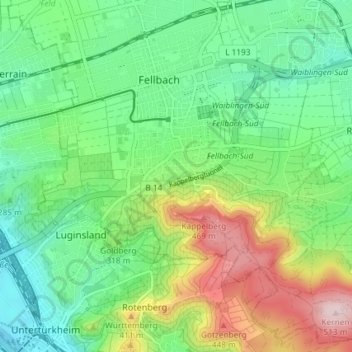 Mappa topografica Fellbach, altitudine, rilievo