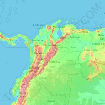 Mappa topografica Colombia, altitudine, rilievo