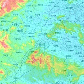Mappa topografica 普宁市, altitudine, rilievo