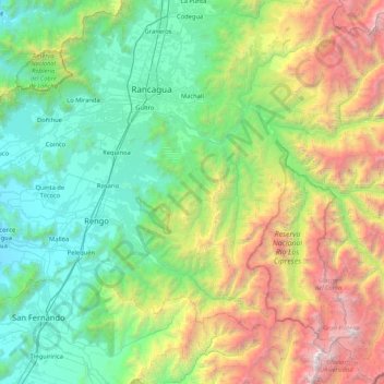 Mappa topografica Machalí, altitudine, rilievo