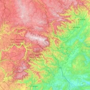 Mappa topografica Cevennen, altitudine, rilievo