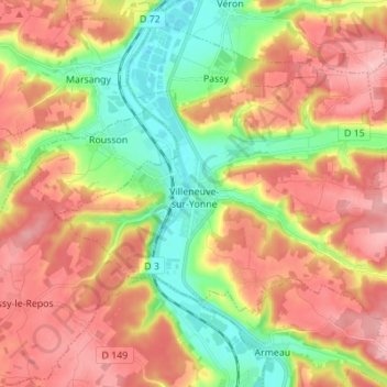 Mappa topografica Villeneuve-sur-Yonne, altitudine, rilievo