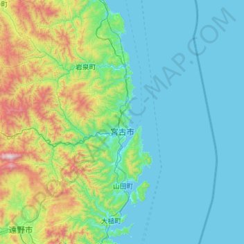 Mappa topografica 宮古市, altitudine, rilievo
