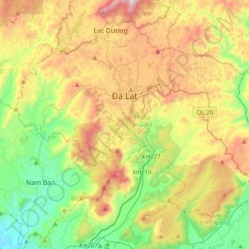 Mappa topografica Đà Lạt, altitudine, rilievo