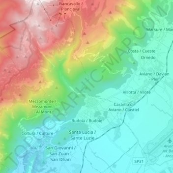 Mappa topografica Budoia, altitudine, rilievo