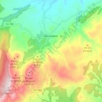 Mappa topografica Benifallim, altitudine, rilievo