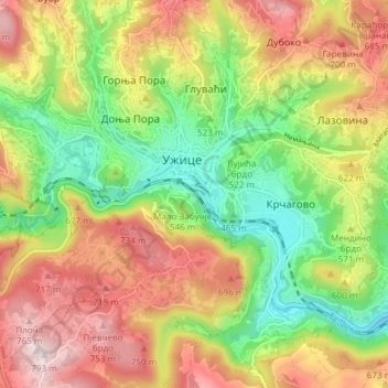 Mappa topografica Uzice, altitudine, rilievo