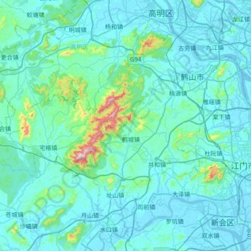 Mappa topografica 鹤山市, altitudine, rilievo