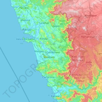 Mappa topografica Goa, altitudine, rilievo