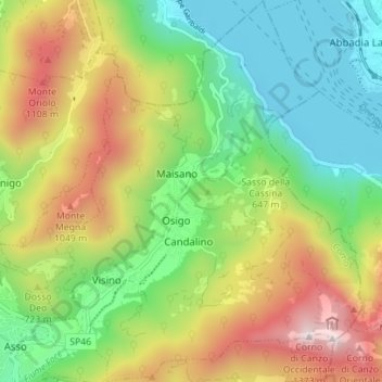 Mappa topografica Valbrona, altitudine, rilievo