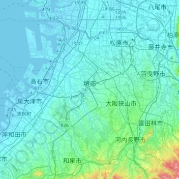 Mappa topografica Sakai, altitudine, rilievo
