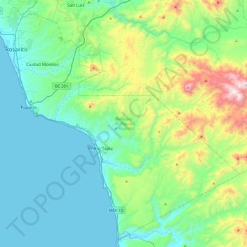 Mappa topografica Municipio de Playas de Rosarito, altitudine, rilievo