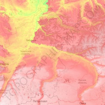 Mappa topografica Тюменская область, altitudine, rilievo
