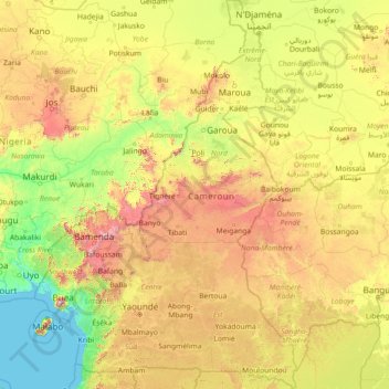Mappa topografica Camerun, altitudine, rilievo