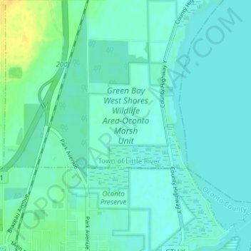 Mappa topografica Green Bay West Shores Wildlife Area-Oconto Marsh Unit, altitudine, rilievo