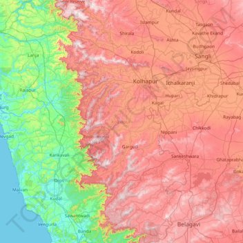 Mappa topografica Kolhapur district, altitudine, rilievo