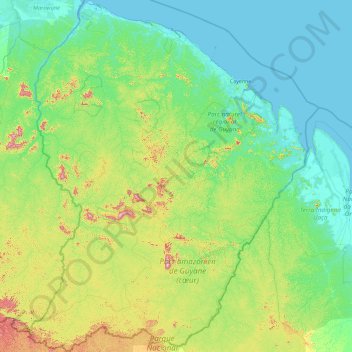 Mappa topografica Guyane, altitudine, rilievo