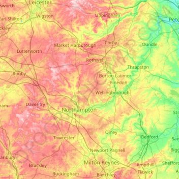 Mappa topografica Northamptonshire, altitudine, rilievo