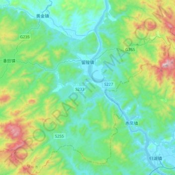 Mappa topografica 留隍镇, altitudine, rilievo