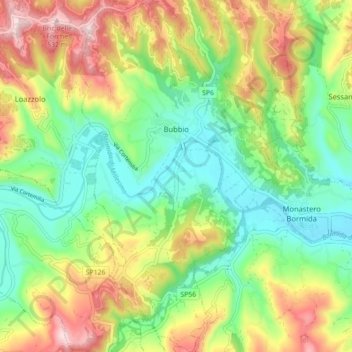 Mappa topografica Bubbio, altitudine, rilievo